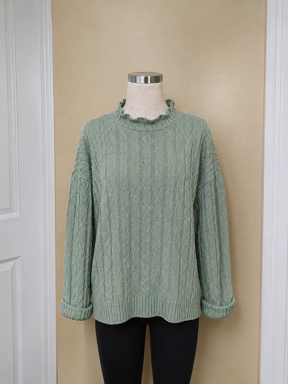 Vintage Sweater Exchange Cable Knit Mock Neck Sweater Sage Green Medium USA Made